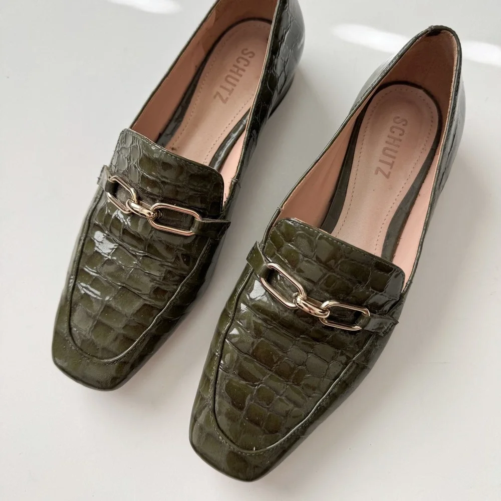 Schutz Olive Green Croc Embossed Patent Leather Horsebit Loafers 7B Preppy